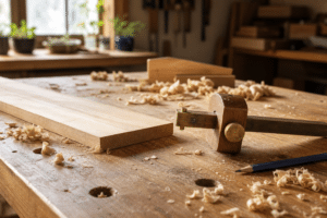 Trusquin posé sur un établi de menuiserie avec une planche à tracer