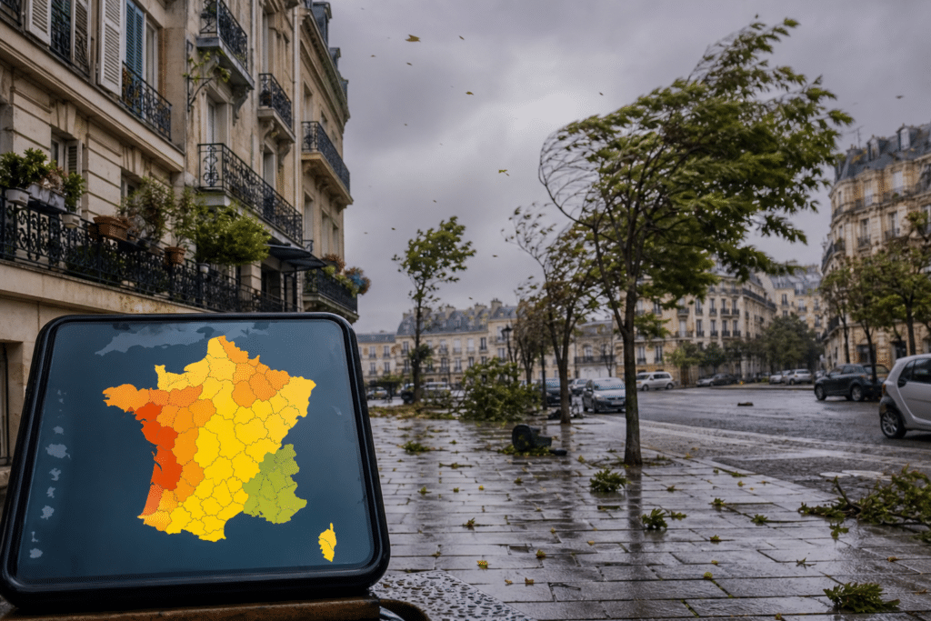 Rafales de vent dans une rue avec une carte météo consultée sur smartphone