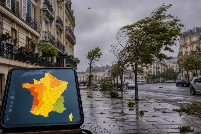Rafales de vent dans une rue avec une carte météo consultée sur smartphone