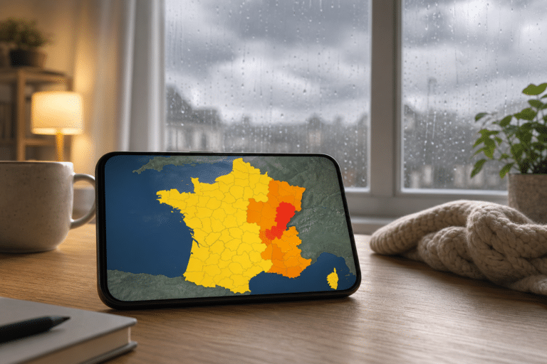 Smartphone affichant une carte de vigilance météo pendant un épisode pluvieux