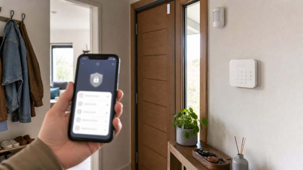 Alarme sans fil installée près d’une porte d’entrée avec application mobile de sécurité