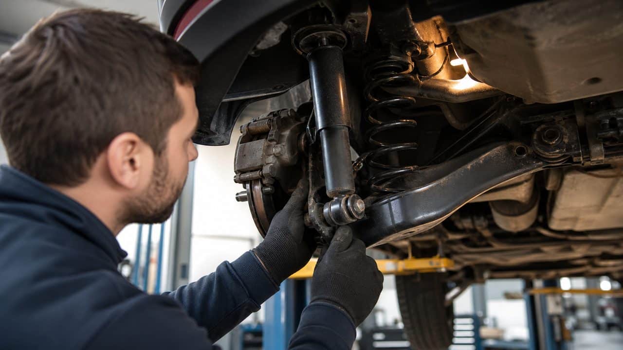 Mécanicien inspectant un amortisseur arrière sous une voiture