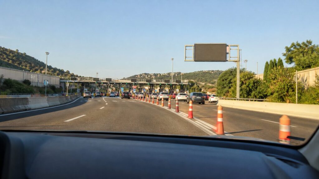Voitures approchant un péage d'autoroute au lever du jour