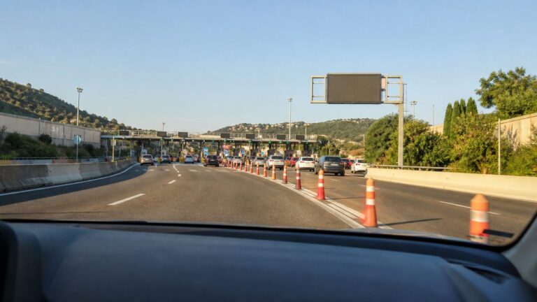 Voitures approchant un péage d'autoroute au lever du jour