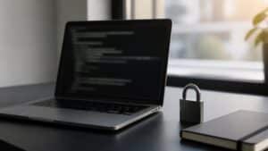 Ordinateur portable et cadenas pour illustrer l’encodage Base64