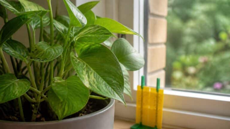 Bête d’orage sur une plante d’intérieur avec piège collant