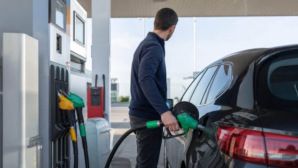 Automobiliste faisant le plein dans une station-service, illustration réaliste d'un passage au bioéthanol E85