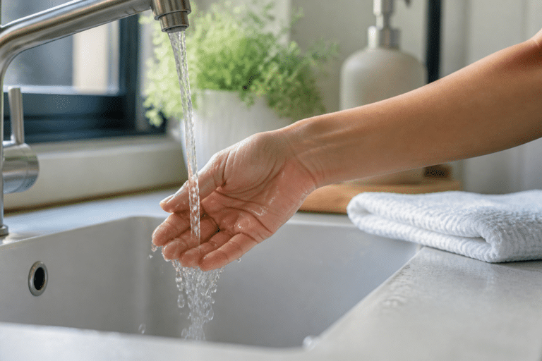 Main refroidie sous l’eau du robinet après une brûlure légère