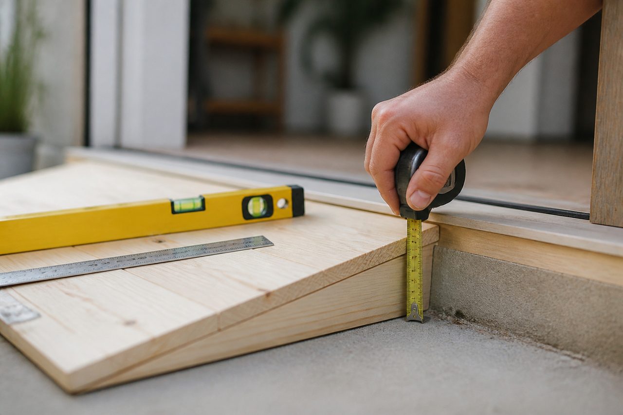 Mesure d'une différence de hauteur avec un niveau et un mètre pour calculer une pente