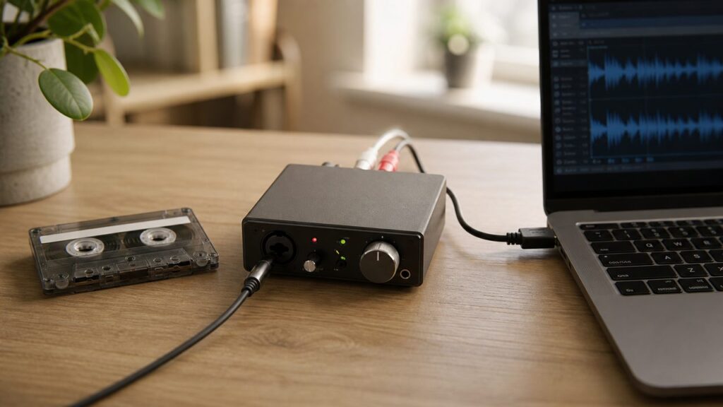 Cassette audio posée près d’une interface audio USB et d’un ordinateur pour la numérisation