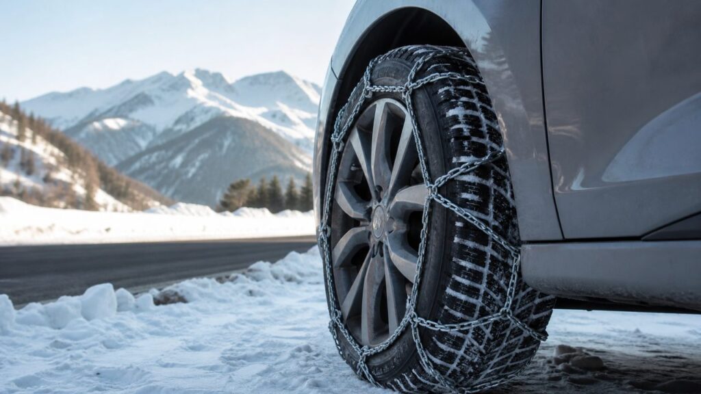 Chaîne neige montée sur un pneu de voiture en montagne