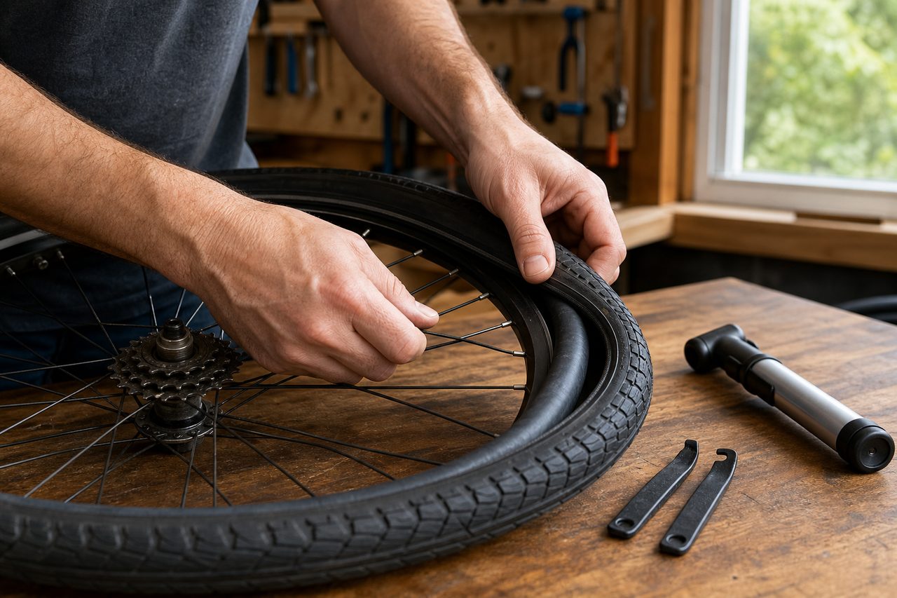 Main qui remplace une chambre à air sur une roue de vélo