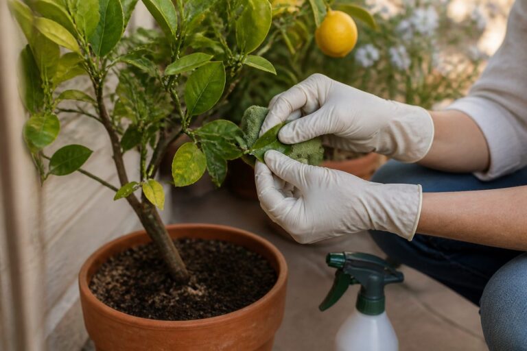 Citronnier en pot inspecté avec des gants pour retirer des cochenilles sur les feuilles
