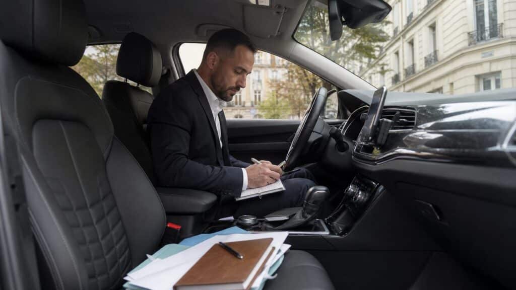 Chauffeur VTC préparant ses démarches administratives dans une voiture