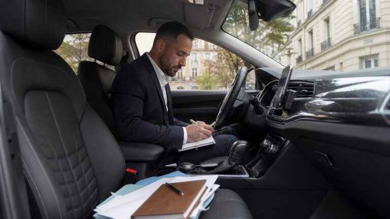 Chauffeur VTC préparant ses démarches administratives dans une voiture