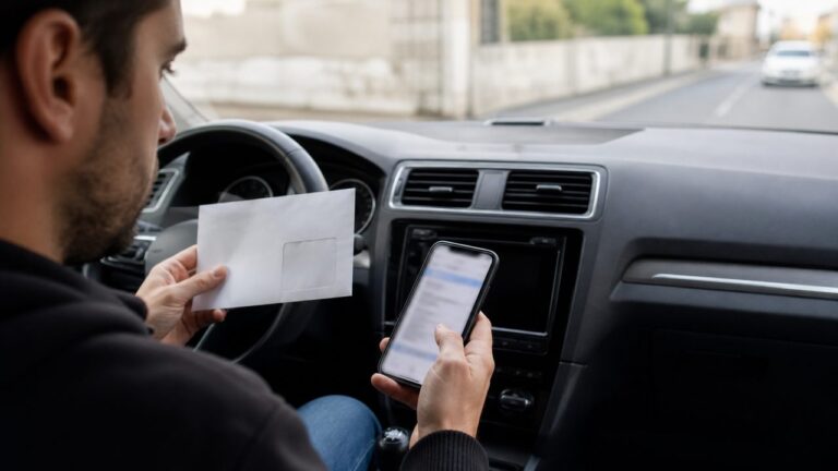 Conducteur vérifiant une éventuelle amende depuis une voiture