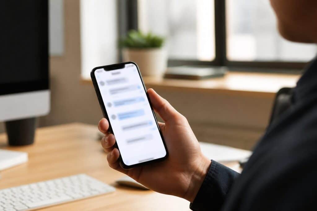 Personne consultant une conversation floutée sur smartphone