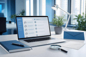 Ordinateur et loupe pour rechercher une adresse mail professionnelle