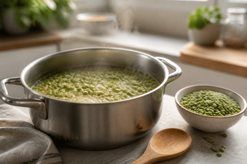 Pois cassés en cuisson dans une casserole avec un bol de pois cassés secs