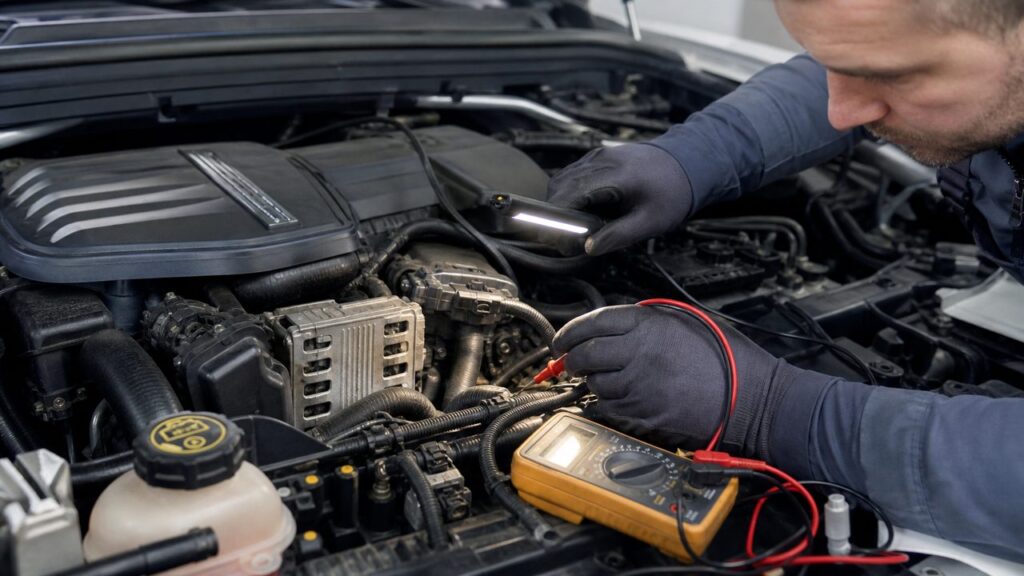 Mécanicien qui contrôle un démarreur de voiture avec un multimètre