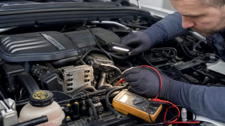 Mécanicien qui contrôle un démarreur de voiture avec un multimètre