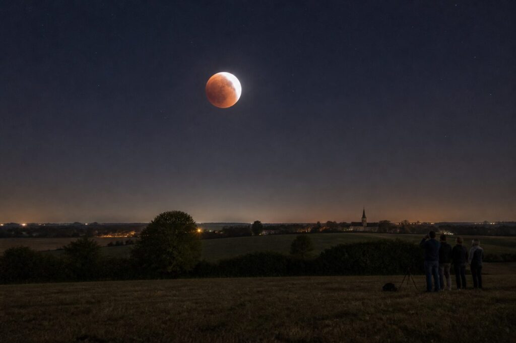 Éclipse lunaire rouge observée depuis une campagne française de nuit