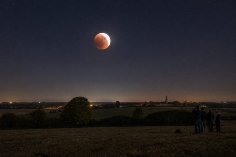 Éclipse lunaire rouge observée depuis une campagne française de nuit