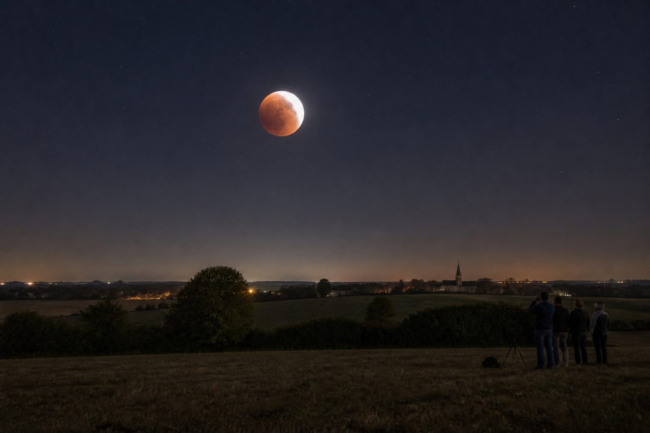 Éclipse lunaire rouge observée depuis une campagne française de nuit