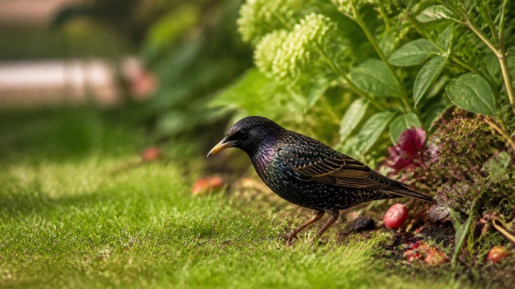 Étourneau sansonnet dans un jardin