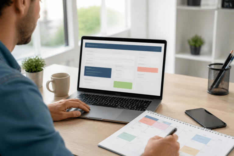 Personne vérifiant un calendrier et un espace administratif en ligne pour France Travail