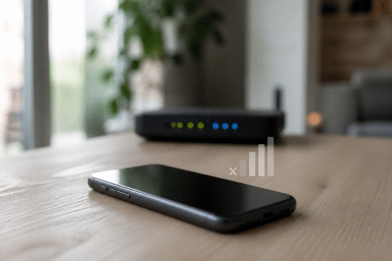 Smartphone sans signal devant une box internet, pour illustrer une panne Free Mobile