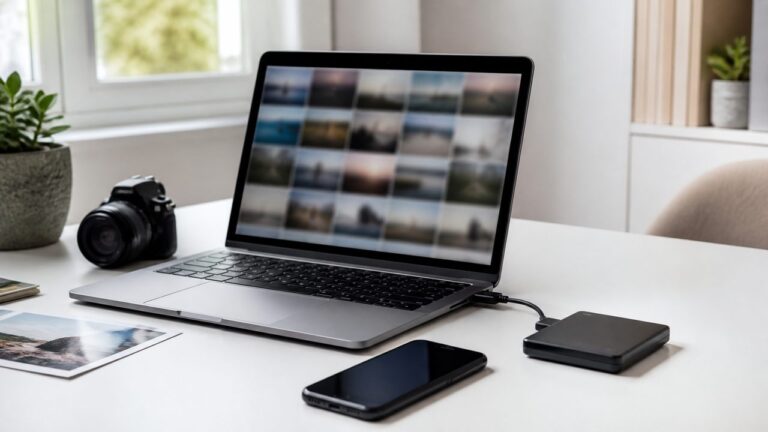 Ordinateur portable affichant une galerie de photos avec smartphone et disque externe sur un bureau