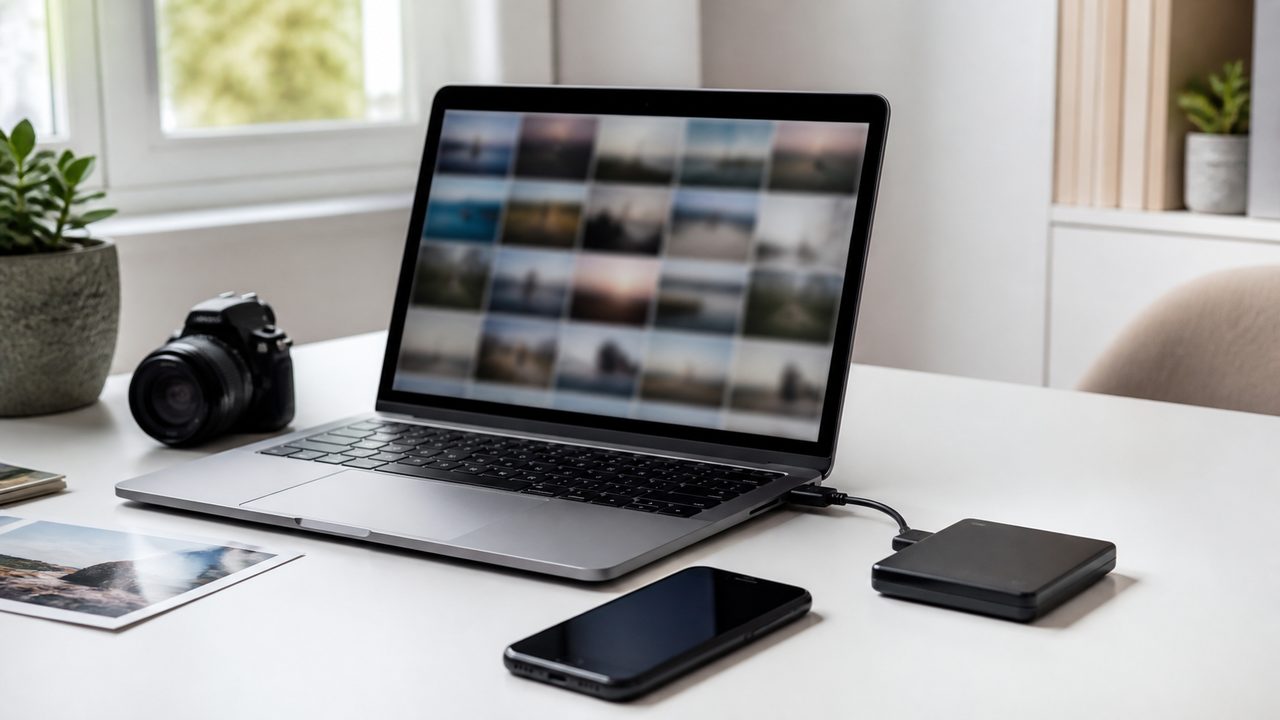 Ordinateur portable affichant une galerie de photos avec smartphone et disque externe sur un bureau