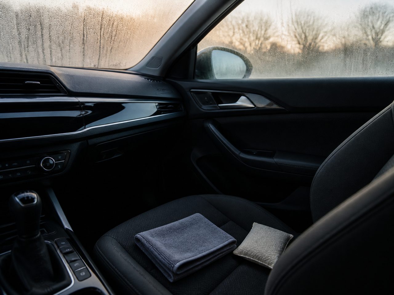 Condensation sur les vitres d'une voiture avec chiffon et absorbeur d'humidité