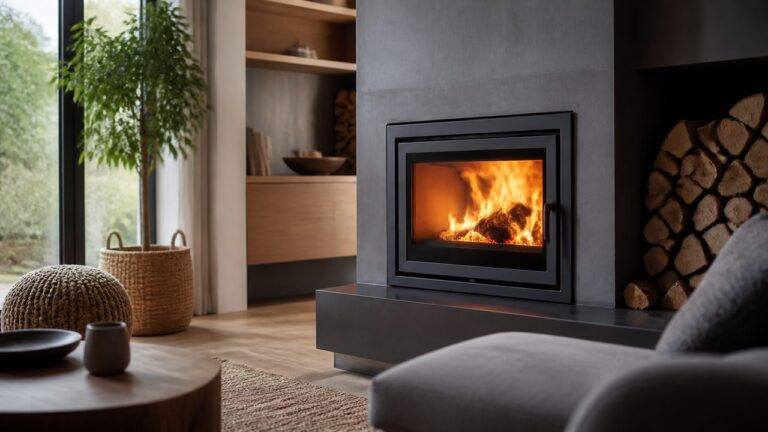 Insert à bois moderne dans un salon, pour illustrer les règles sur le chauffage au bois