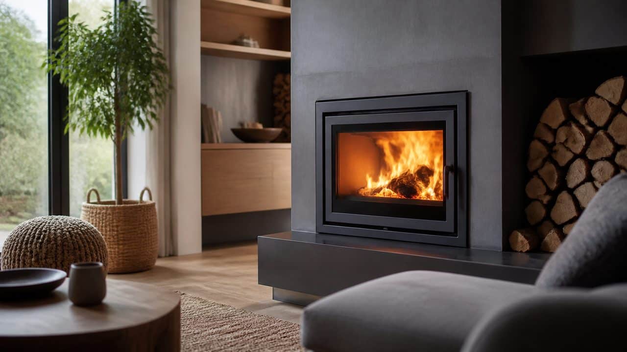 Insert à bois moderne dans un salon, pour illustrer les règles sur le chauffage au bois