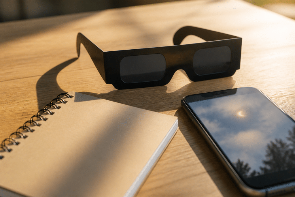 Lunettes d’éclipse solaire posées sur une table avant observation du ciel