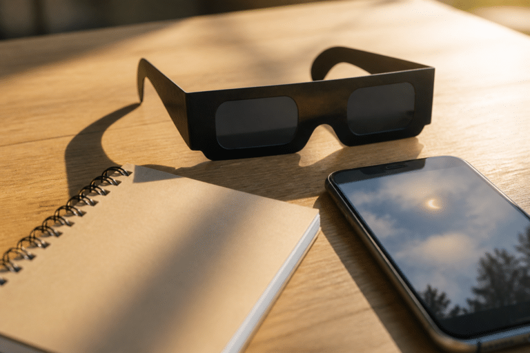 Lunettes d’éclipse solaire posées sur une table avant observation du ciel