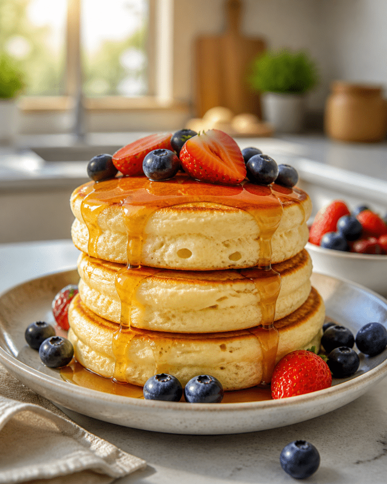 Pile de pancakes fluffy épais avec sirop d’érable, fraises et myrtilles