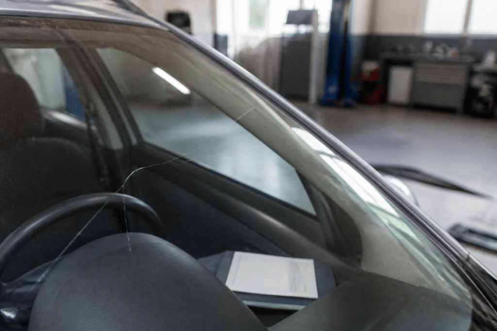 Pare-brise de voiture fissuré avant un contrôle technique