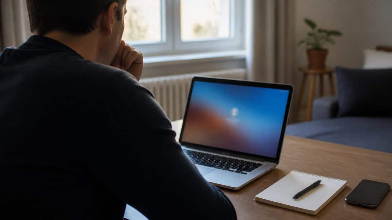 Une personne face à un ordinateur portable sur un écran de connexion Windows flou.
