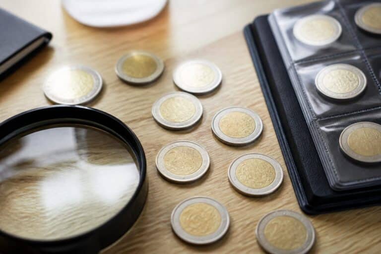 Pièces de 2 euros observées avec une loupe sur une table