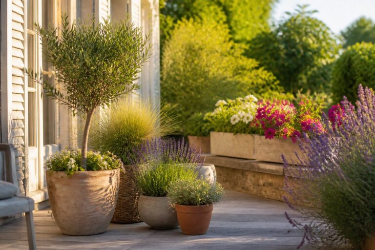 Plantes en pots sur une terrasse ensoleillée