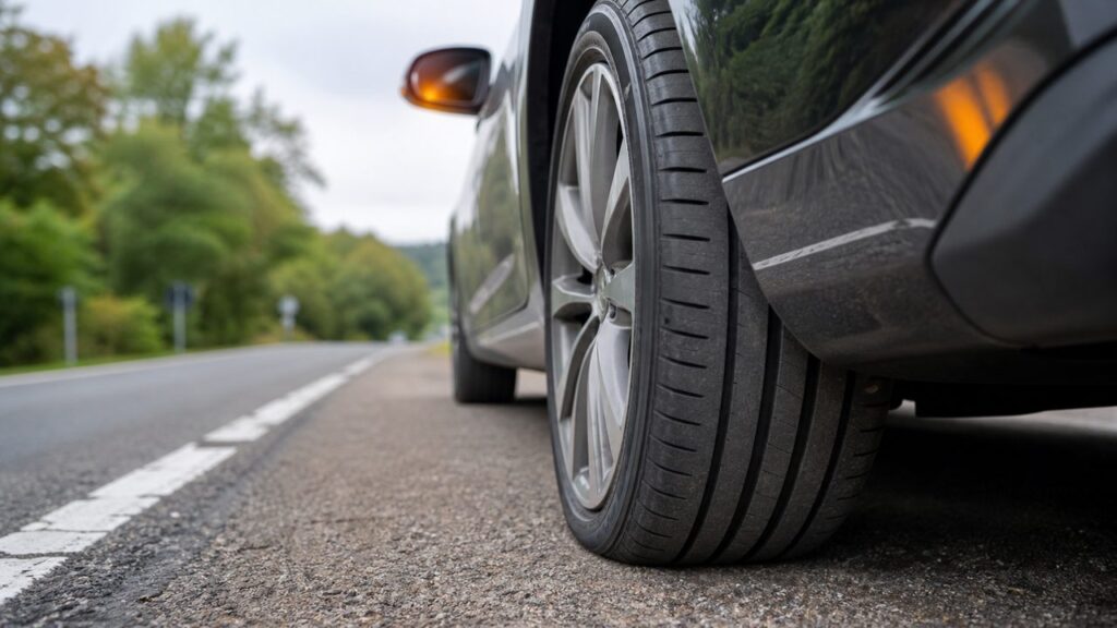Pneu runflat vu de près sur une voiture arrêtée en bord de route