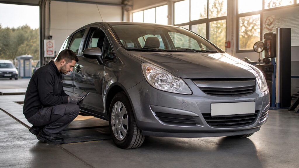 Voiture inspectée dans un garage avant un pré contrôle technique
