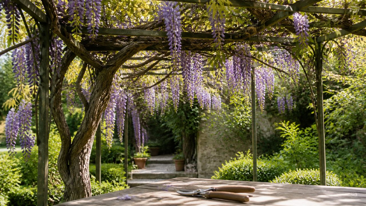 Glycine mature sur une pergola de jardin avec un sécateur prêt pour la taille