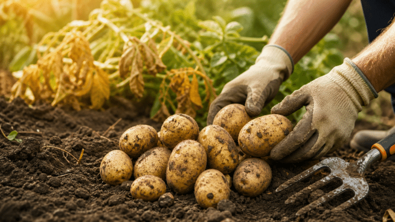 Pommes de terre fraîchement récoltées dans un potager