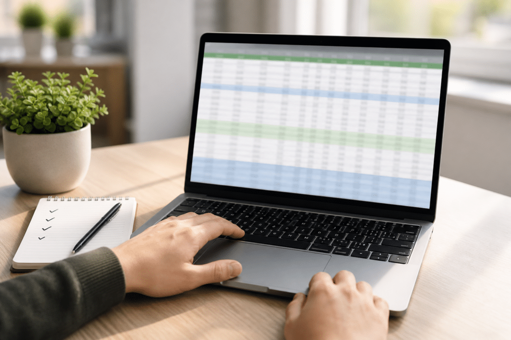 Ordinateur portable affichant un tableur flou pour illustrer les raccourcis clavier Excel
