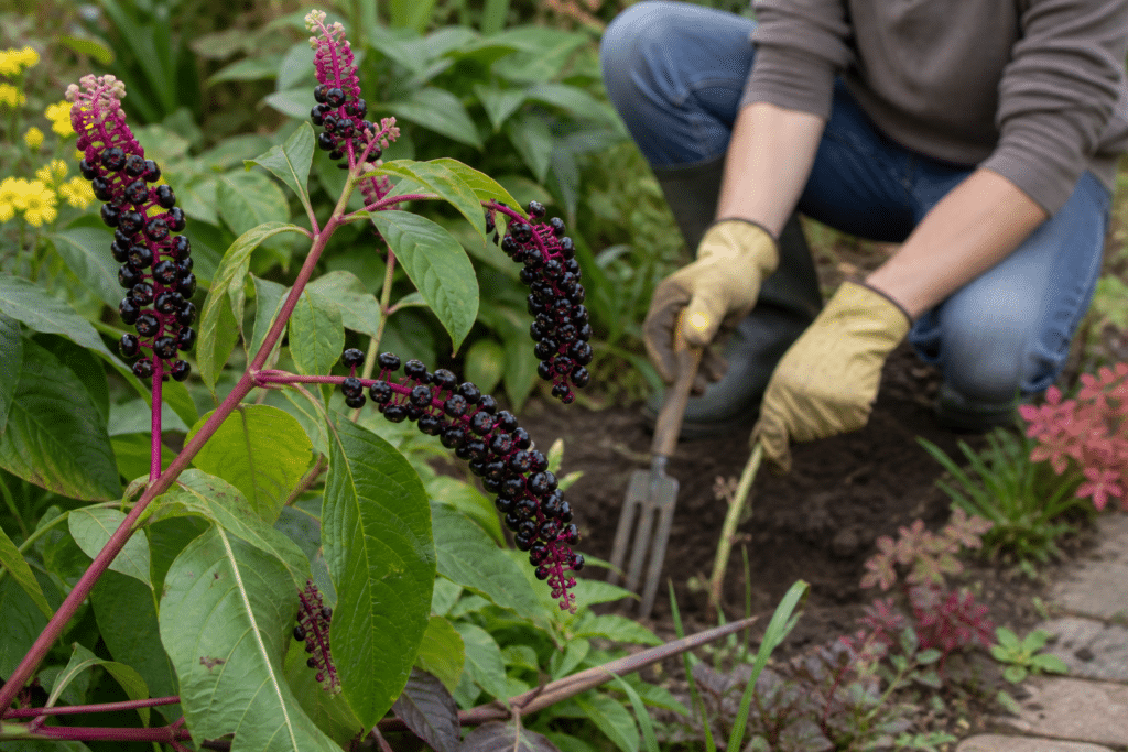 Raisin d’Amérique avec baies noires dans un jardin, avant arrachage avec des gants