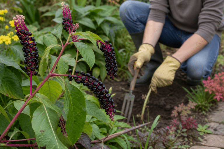 Raisin d’Amérique avec baies noires dans un jardin, avant arrachage avec des gants